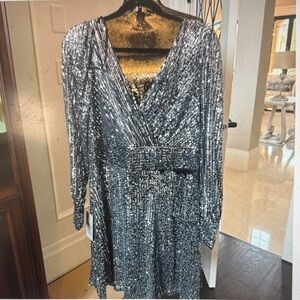 Silver Sequin Long Sleeve Dress